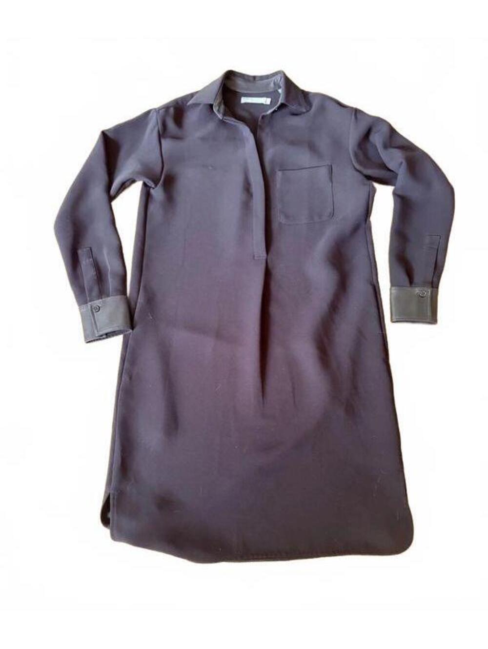 Vince Shirt Dress Leather Trim Long Sleeve Black Silky Minimalist Women's XS